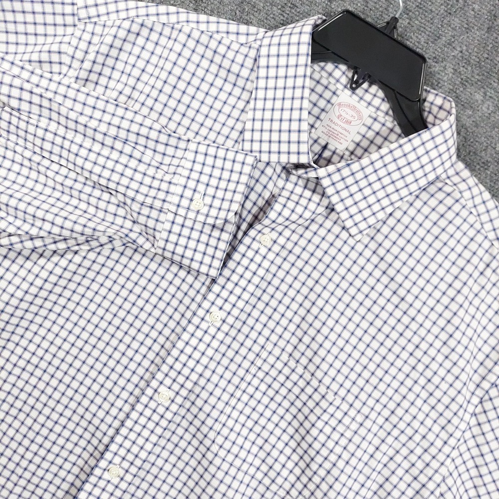 Brooks‎ Brothers Shirt Mens 17.5 34/35 White Check Classic Fit Non Iron Stretch
